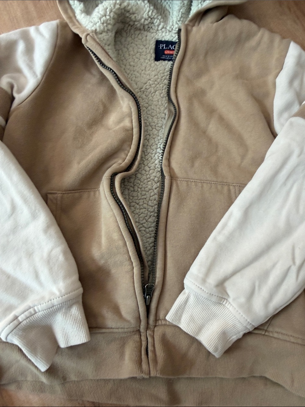 The Children's Place Sherpa-Lined Zip Hoodie in Tan & Cream size large 10/12 - Picture 5 of 6
